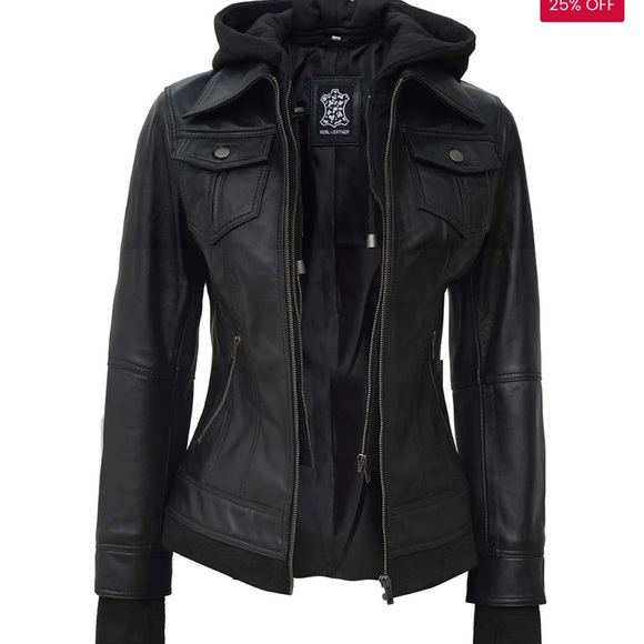 Angel Jackets Tralee Black Bomber Lambskin Leather Jacket with Removable Hood - Picture 2 of 10